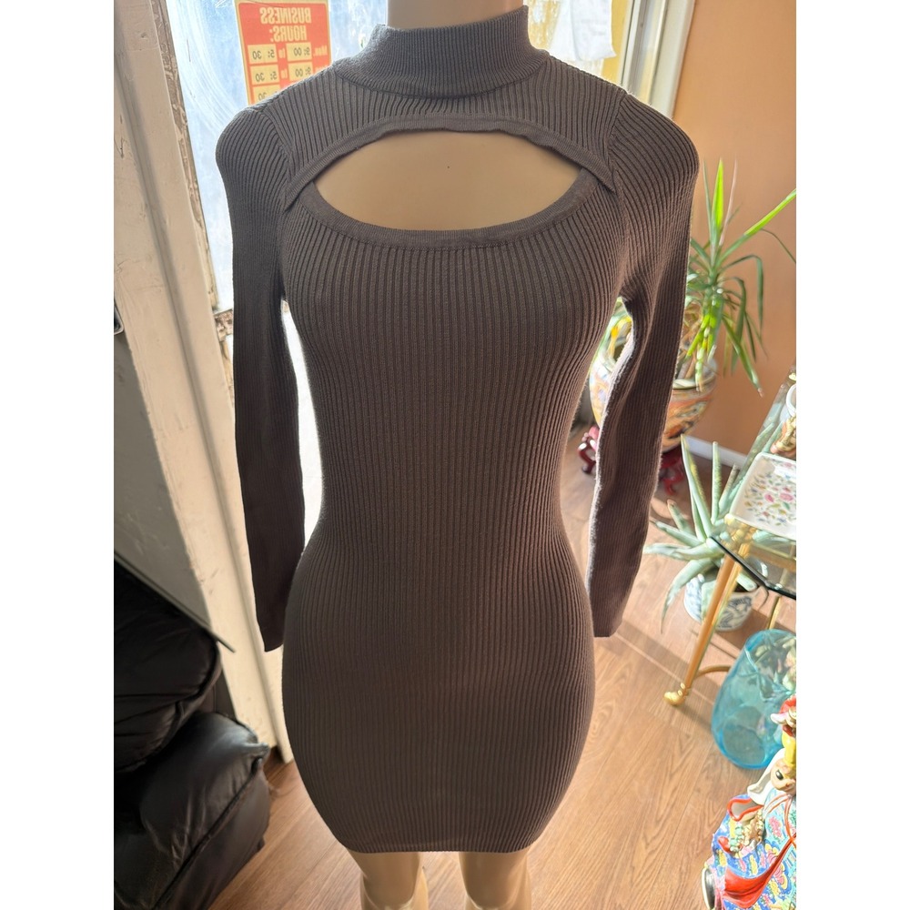 Mock Neck Cutout Ribbed Knit Bodycon Mini Dress Long Sleeve Taupe Brown